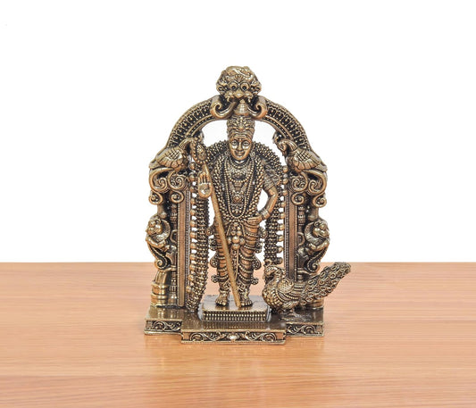 Bronze Standing Lord Kartikeya with Peacock and Kirtimukha Prabhavali Murugan Murti (Height:3 Inch)
