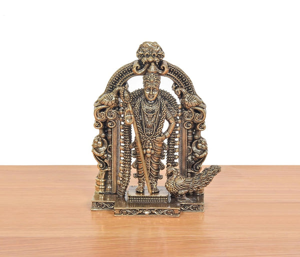 Superfine Brass Standing Lord Kartikeya with Peacock and Kirtimukha Prabhavali Murugan Murti (Height:3 Inch) Entryway Setting