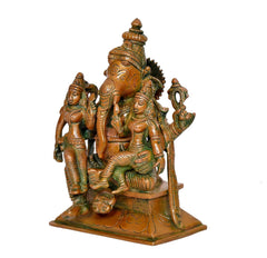 Brass Ganesha with Riddhi and Siddhi statue, side view, 7 inch