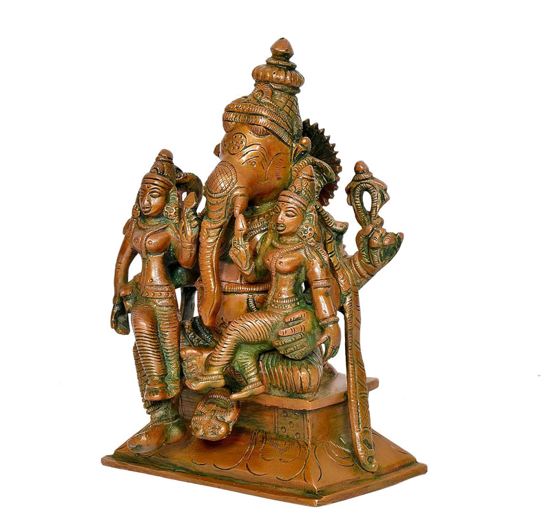 Brass Ganesha with Riddhi and Siddhi Idol - Hindu Deity Statue for Home Temple (Height : 7 inch)