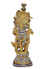 Brass Radha Krishna idol back view, gold ornate crown and blue accents on base