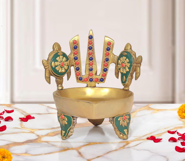 Brass Traditional Diya Shankh, Chakra, Naama Oil Lamp Vishnu Symbol Stand Showpiece (Height 5 Inches)