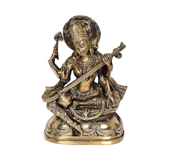 Brass Maa Saraswati Devi murti Idol Statue Goddess of Knowledge and Arts, Height: 7.6 inch Craft Detail
