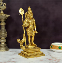 Brass Kartikeya statue holding a spear, peacock at the base, standing, 7 inch
