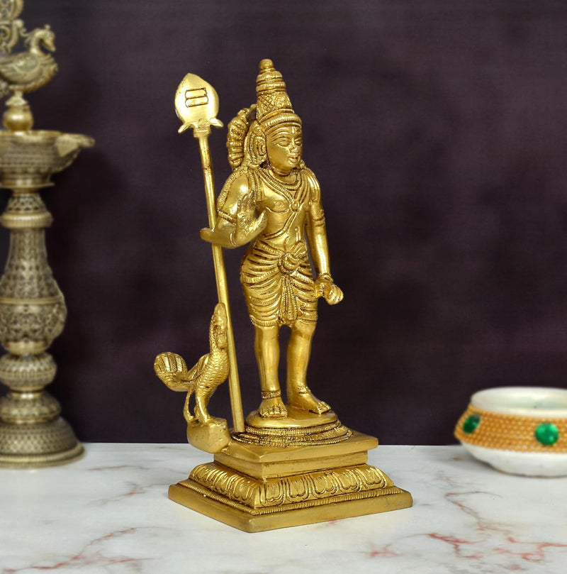 AONA Brass Standing Lord Kartikeya with Peacock Murugan Murti 