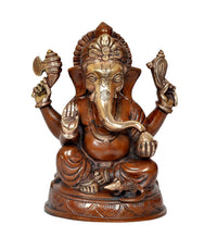 Ganesha idol statue, frontal view with detailed crown, seated with two raised hands