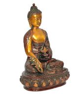 Buddha-Statue mit Dhyan Mudra, seitlicher Blick, goldene Figur, grün-rote Verzierungen