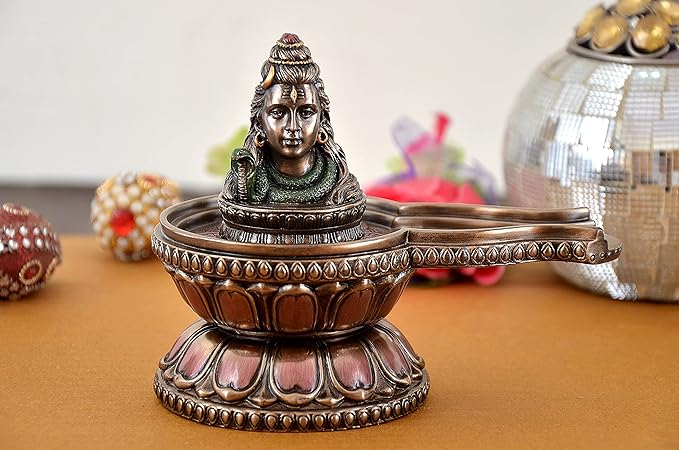 Resin Shiva Shivlingam Idol: bronze linga stand with ornate lotus base