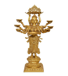 Brass Standing Ten-Armed Deepalakshmi Statue | Traditional Multi-Lamp Goddess Idol for Puja, Home Temple, Diwali Gifts & Home Décor (Height: 28 Inches)