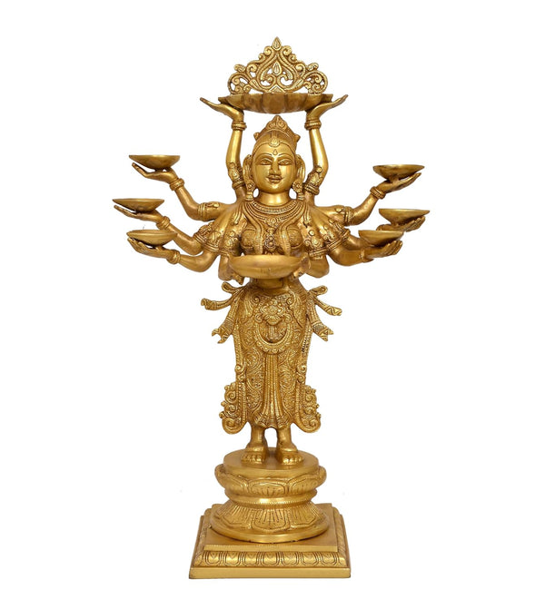 Brass Standing Ten-Armed Deepalakshmi Statue | Traditional Multi-Lamp Goddess Idol for Puja, Home Temple, Diwali Gifts & Home Décor (Height: 28 Inches) Entryway Setting