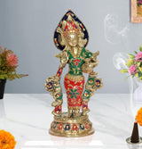 Radha brass idol statue with blue crown, green top, red skirt, hands raised, 12 in