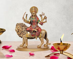 Resin Durga Maa with Lion Idol Hindu Goddess Sherawali MATA Murti MATA Rani Statue Figurine Home Temple (Height: 10 Inch)