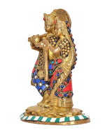 Radha-Krishna brass idol with red and blue gem accents, side view on round base