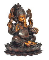 Brass Ganesha seated on lotus, alternate side view, dark metallic with gold accents