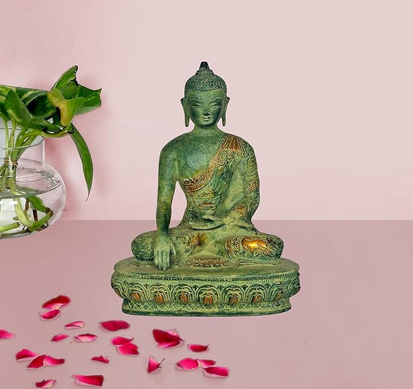 Brass Buddha Statue in Bhumisparsha Pose (Height: 10 Inches)