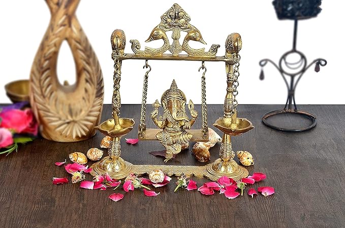 Brass Idol Ganesha Sitting on Swing Idol Ganesha Religious Statue Height 8.5 Inch