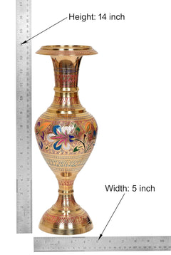 Brass flower vase planter dimensions: height 14 in, width 5 in; colorful floral design