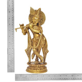 AONA brass Krishna idol statue, height 11 inch shown with measuring tape, on pedestal