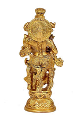 Brass Radha idol statue back view with large wheel emblem and sculpted ornaments