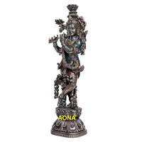 Resin Krishna Murli Manohar statue, side view, multicolor draped garment and ornaments