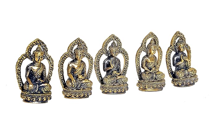 Bronze Small Buddha Pack of 5 Idol Buddha Statue Height 4.5 cm for Home Decor