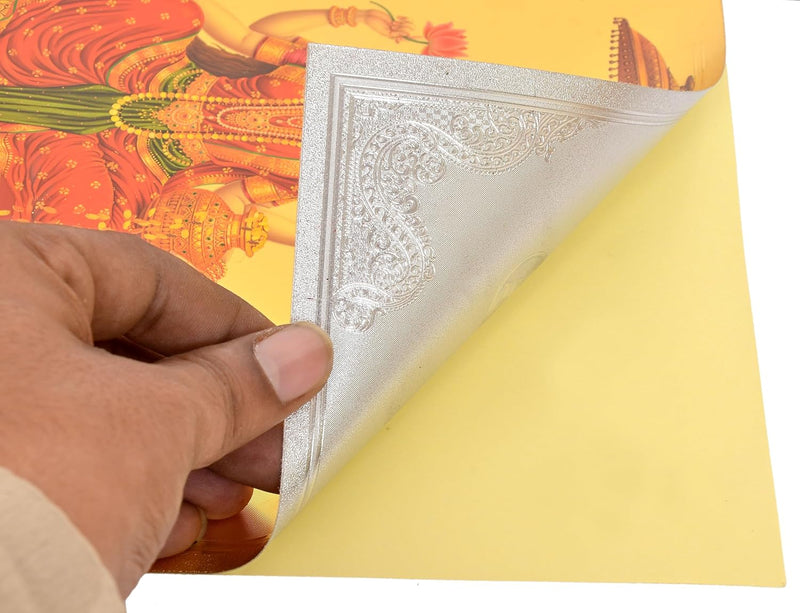 Gold Foil Plated Lakshmi Ganesh Saraswati & Dhan Kuber Wall Poster |(Height 16 Inch X Width 12 Inch)