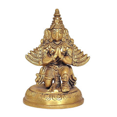 Brass Garuda idol statue, Lord Vishnu’s vehicle, front view, 5.5 in