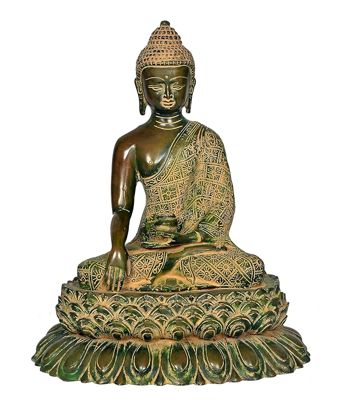 Brass Buddha Statue On Lotus Base for Home Decor (Height: 12 Inches)