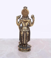 Brass Lord Vishnu idol statue from behind, fan-like crown, detailed back ornaments