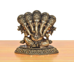 Panchmukhi Ganesha brass murti with five carved heads, detailed crown and round base