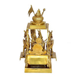 Brass Arujana Rath statue front view with canopy and multiple horse attendants.