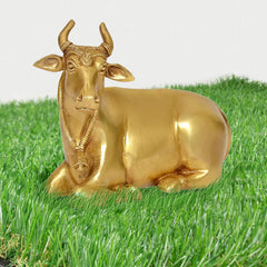 Messing Nandi Stier Figur mit ruhigem Kopf, Halsornamenten und seitlicher Ansicht