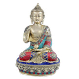Brass Buddha statue, Abhaya mudra, 9.8 in; multicolor mosaic robe and base
