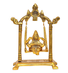 Ganesh Ji jhula idol in golden finish, seated deity with hanging chain support