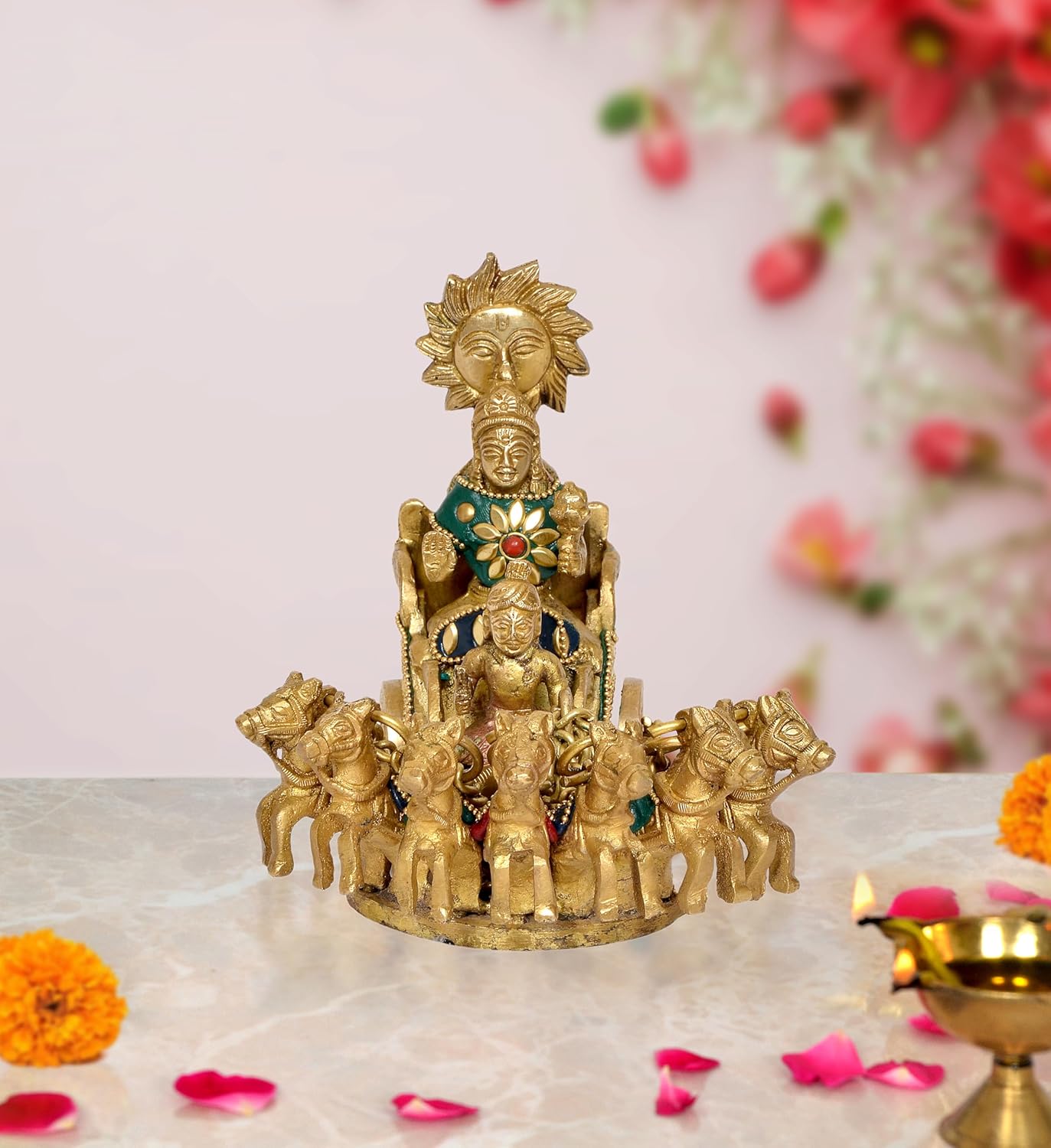 Lord Surya on His Seven Horses Chariot - for Home Decor Mandir Pooja Brass Statue, (Height : 5.5 inch) (Multicolour)