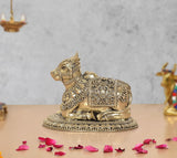 AONA brass seated Nandi statue with ornate saddle and head details