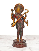Maa Saraswati standing brass figurine, detailed headdress and ornate jewelry