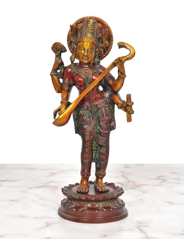 Brass Maa Saraswati Standing Vidya Devi Sculpture (Height 11.5 Inch) Study Setting