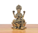 Lakshmi brass idol on lotus pedestal, seated posture, ornate jewelry and crown