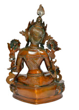 Tara Devi brass statue from behind, ornate back details, seated on lotus pedestal