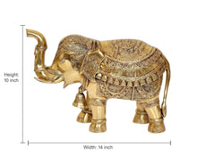 Brass elephant figurine, trunk raised; 10 in height (shown with size guide)
