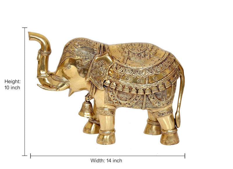 Brass Elephant Figurine - Decorative Statue for Home Decor, Feng Shui, and Good Luck (Height 10 Inch)