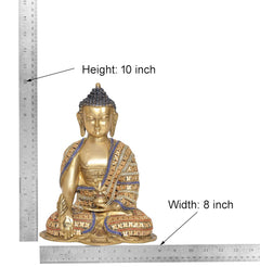 Brass Buddha statue, 10 in height, seated meditating form with blue-and-gold robe and base