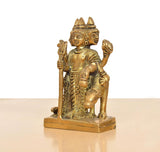 Brass Trimurti idol with three faces, seated stance, raised arms, 4.5 in
