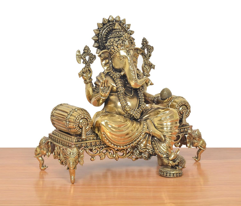 Bronze Ganesha with Singhasan Idol (Height: 8 inch)