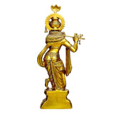 Brass Murlidhar Krishna statue from back view, flute held, detailed drapery on base
