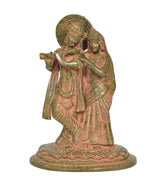 Radha-Krishna Messing-Statue, frontal, detaillierte Ornamente und Gewänder, Sockel