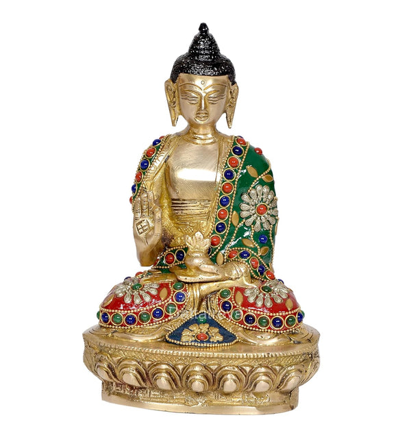 Brass Buddha Statue - Handcrafted Spiritual Decor for Home and Office - Meditating Buddha Idol Multicolor (Height 8 Inch) (Golden ST)