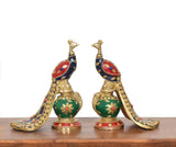 Brass peacock sculptures (2-pack), multicolor enamel tails and detailed gold bases