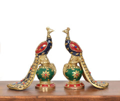 Brass peacock sculptures (2-pack), multicolor enamel tails and detailed gold bases